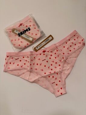 SKIMS Pink with Red Heart Print Bikini Briefs
